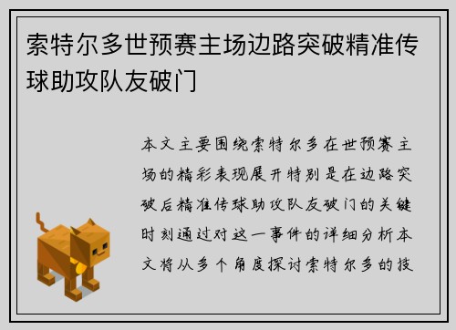 索特尔多世预赛主场边路突破精准传球助攻队友破门
